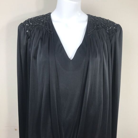 Abby Kent Vintage Black Glam Draped Sequin High-Low Midi Dress - Picture 3 of 13